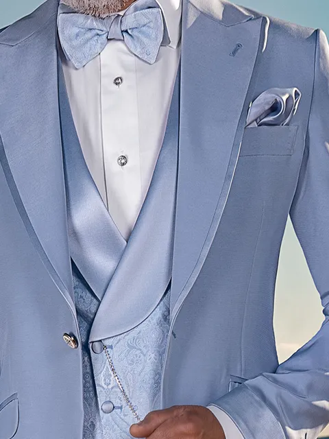 Double-breasted shawl lapel waistcoat in light blue with satin lapel