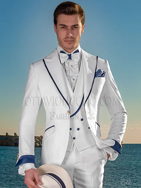 Abito cerimonia fashion su misura bianco, maniche e rever con contrasti blu