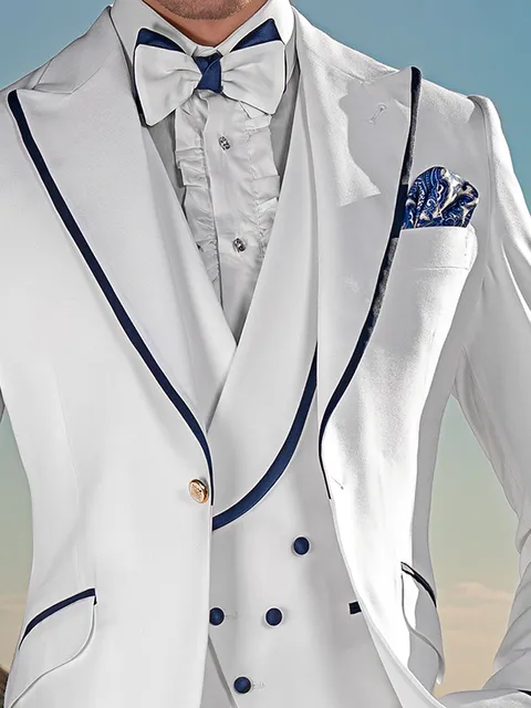 Waistcoat double-breasted shawl lapel in pearl grey silk with blue piping