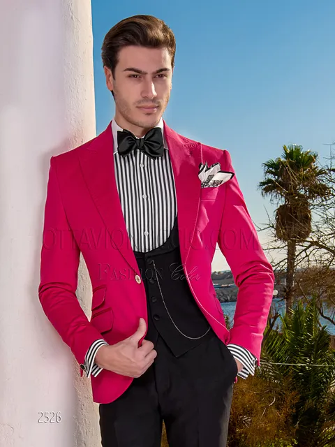 Abito matrimonio civile in piquet di cotone fucsia, pantalone nero