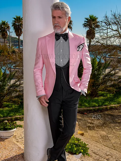 Summer wedding suit in pink linen, black trousers and waistcoat