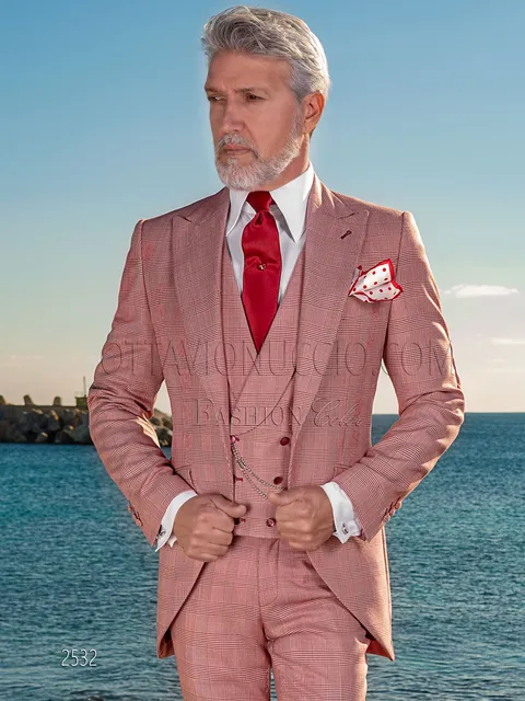 Men's 3-piece formal suit in red Prince of Wales check
