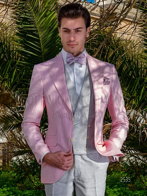 Completo estivo uomo da cerimonia in puro lino rosa e grigio
