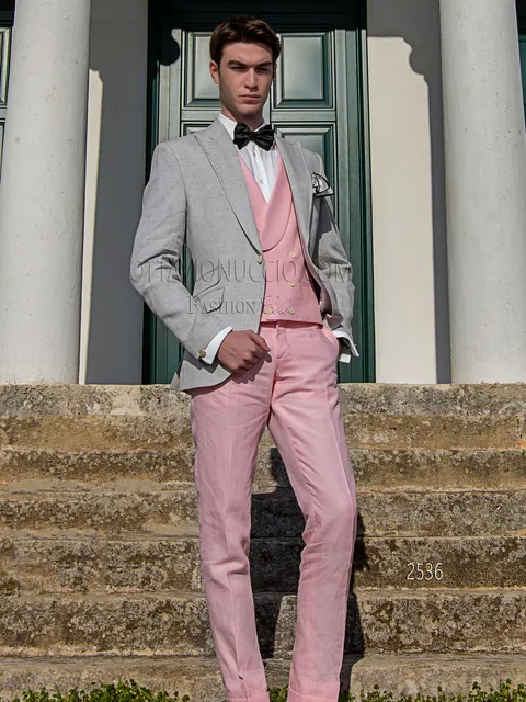 Completo estivo uomo da cerimonia in puro lino grigio e rosa