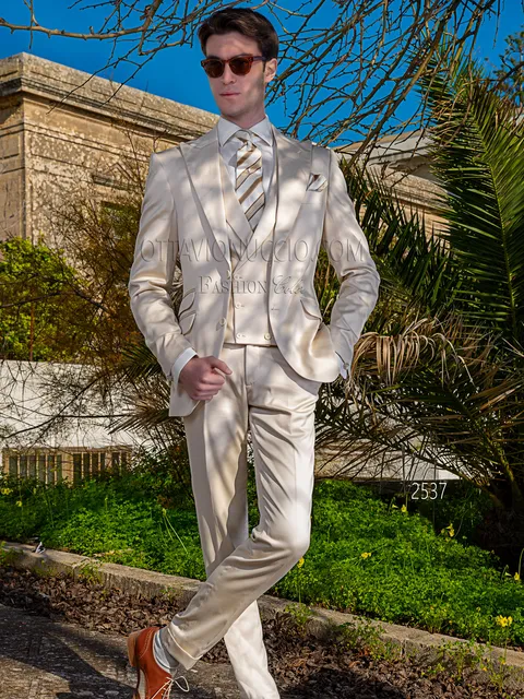 Men's summer wedding suit in beige cotton satin