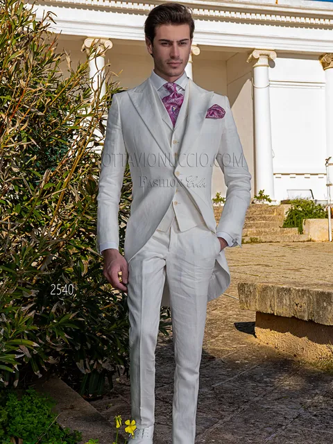 Modern morning suit for a summer wedding in pure white linen