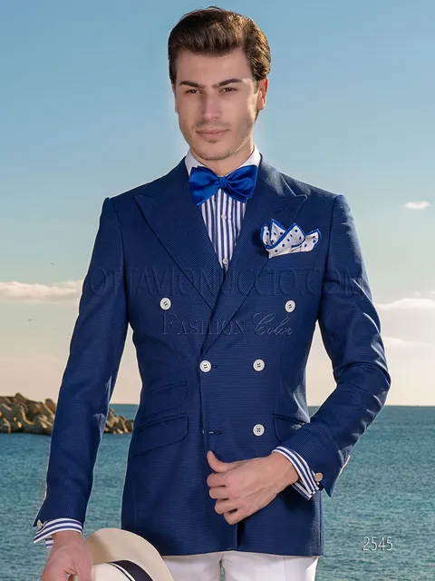 Giacca uomo doppiopetto pied-de-poule blu e pantalone bianco