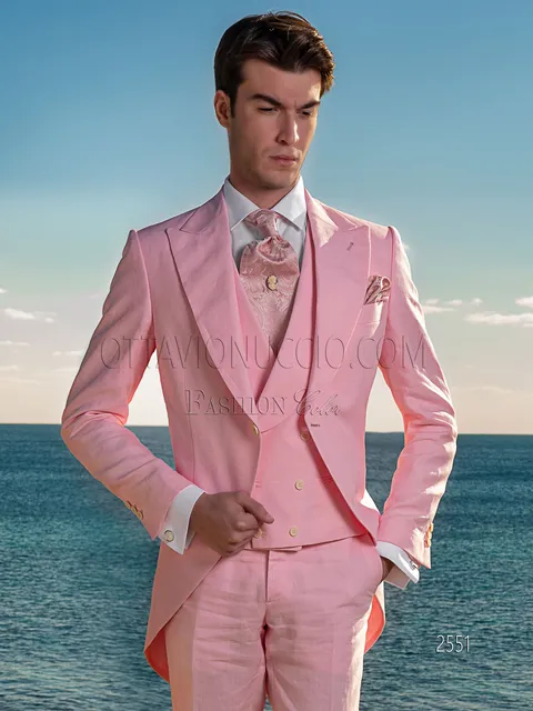 Modern morning suit for a summer wedding in pure pink linen