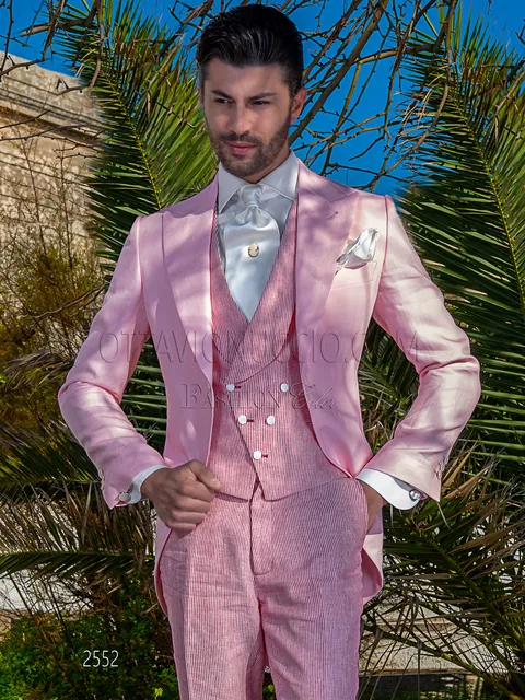 Summer vintage morning suit for wedding in pure pink linen