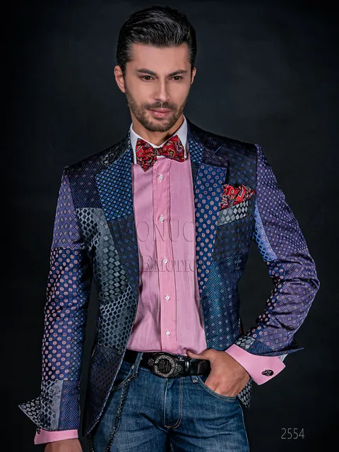 Giacca moda uomo in seta patchwork blu