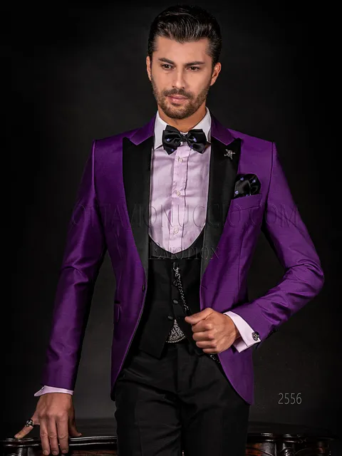 Abito smoking moderno da uomo viola e nero, pantaloni e gilet nero
