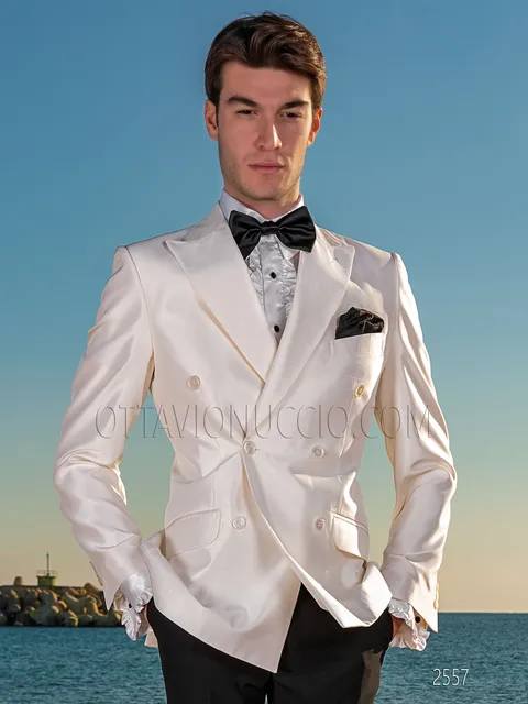 Abito doppiopetto uomo shantung misto seta bianco e pantalone nero