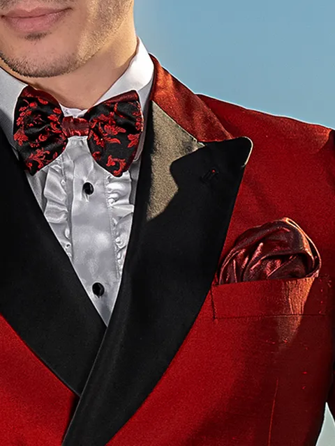 Black and red silk bow tie and red lurex handkerchief