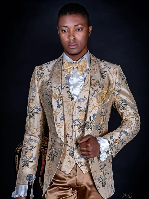 Men's wedding suit in embroidered beige silk, shawl lapel