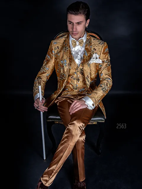 Luxury men's wedding suit in gold embroidered silk