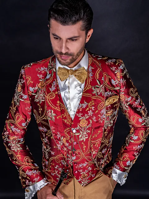 Modern alternative men's suit in red and gold embroidered silk