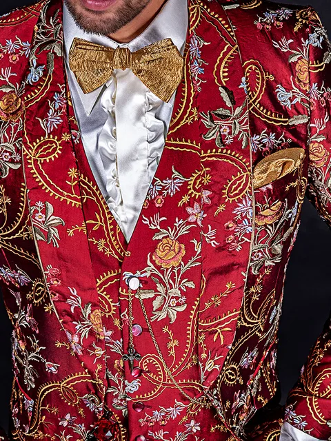 Waistcoat in embroidered red shantung silk