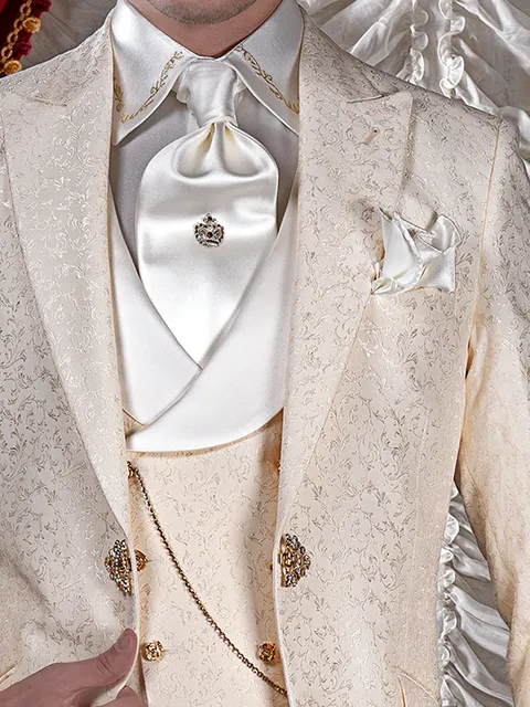 Double-breasted waistcoat in damask fabric, with shawl lapel in ivory satin-effect fabric