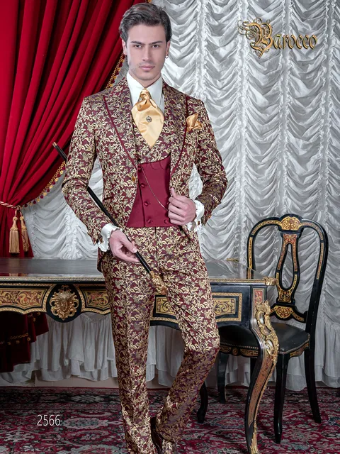 Luxury baroque men's wedding suit, red and gold brocade