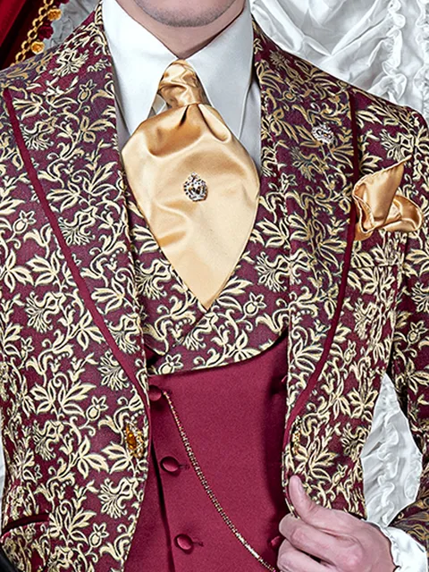 Double-breasted waistcoat in red satin, with shawl lapel in damask fabric