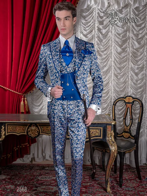 Luxury baroque men's wedding suit, royal blue and silver brocade
