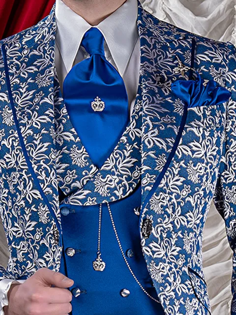 Double-breasted waistcoat in royal blue satin, with shawl lapel in damask fabric