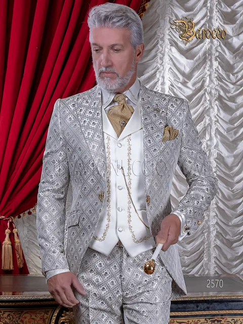 Luxury baroque men's wedding suit, pearl grey and gold brocade