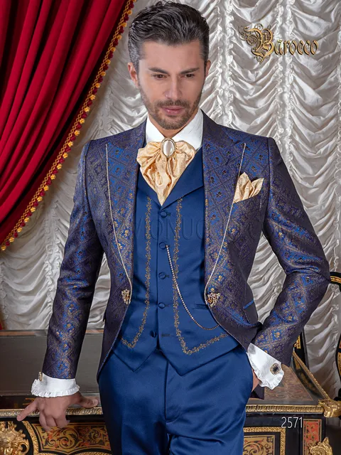 Baroque wedding groom suit in blue and gold brocade fabric