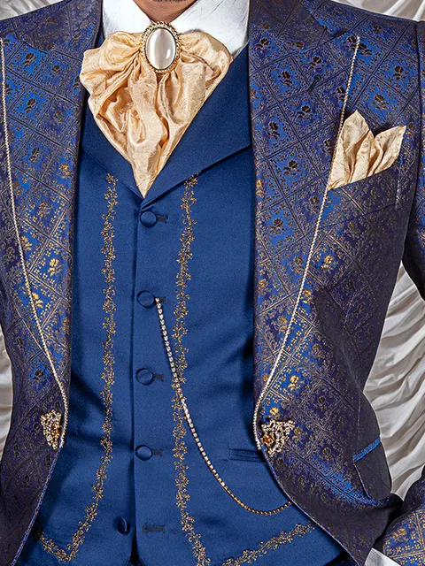 Waistcoat in blue satin with black and gold embroidery