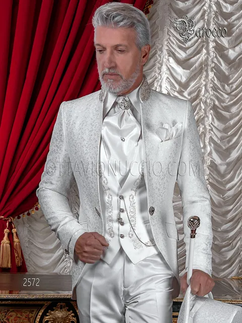White damask groom suit, mandarin collar with crystals
