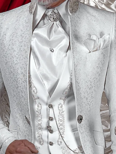 White satin waistcoat with silver tone embroidered meander