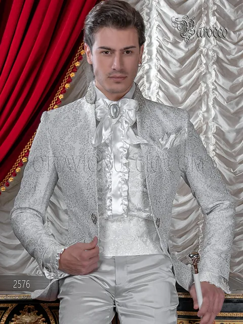 Vestito sposo collo coreana con cristalli damascato grigio perla