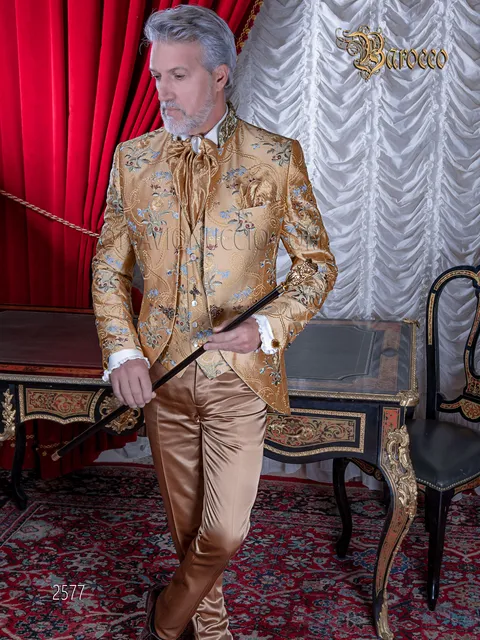 Baroque style men's suit with mandarin collar in embroidered gold silk