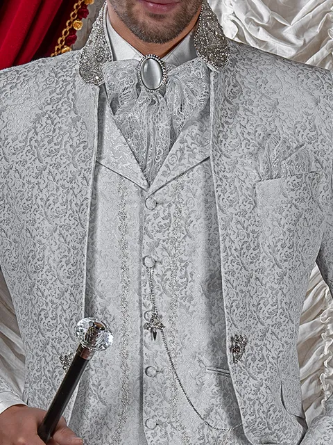 Waistcoat with lapel in grey brocade with silver embroidery