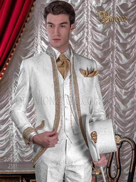 Groom suit with top hat in luxury baroque style white brocade