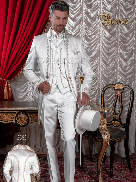 Embroidered groom suit in white satin with gold embroidery, Napoleon collar