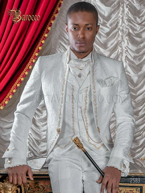 Men's embroidered groom suit, white brocade with gold embroidery, mandarin collar
