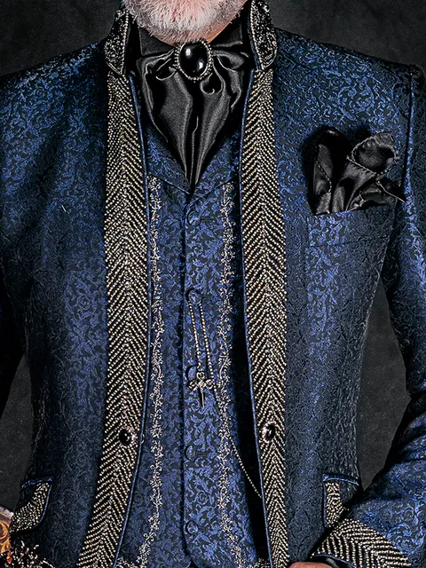 Waistcoat with lapel in blue brocade with black and silver embroidery