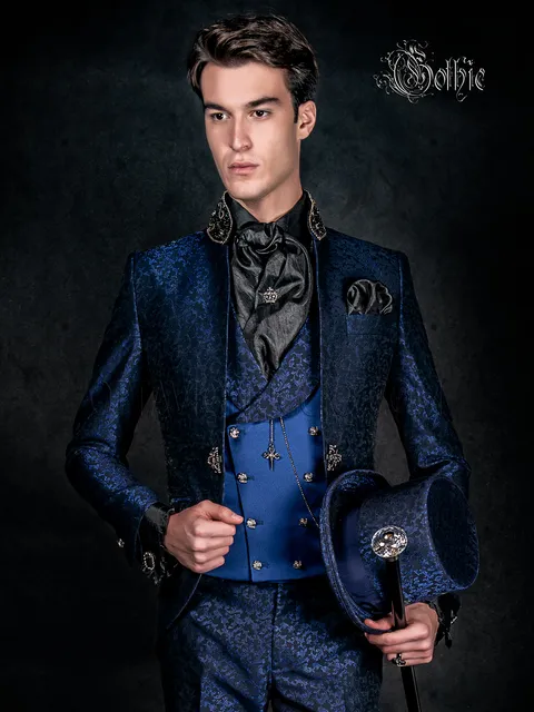 Groom suit with blue brocade mandarin collar with trimming on the collar
