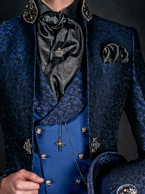 Double-breasted waistcoat in blue satin, with shawl lapel in damask fabric