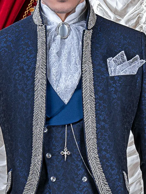 Double-breasted waistcoat in damask fabric, with shawl lapel in blue satin-effect fabric