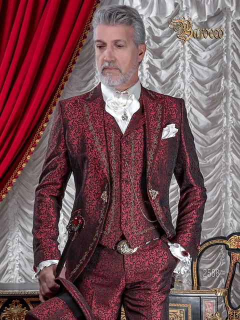 Groom suit with top hat and cane, red damask with gold embroidery