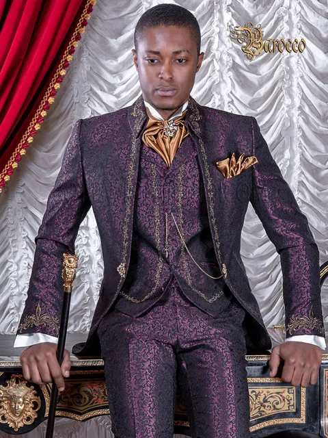 Groom suit with cane, purple brocade with gold embroidery