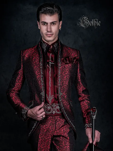 Gothic groom suit with mandarin collar, black and silver embroidery on red brocade