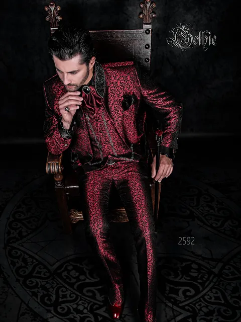 Gothic tailcoat suit in red brocade, trimming on mandarin collar