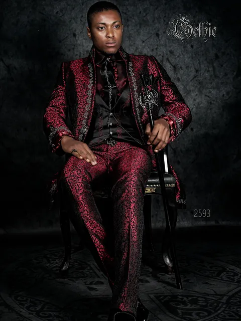 Groom suit with mandarin collar, black and silver gothic embroidery on red brocade