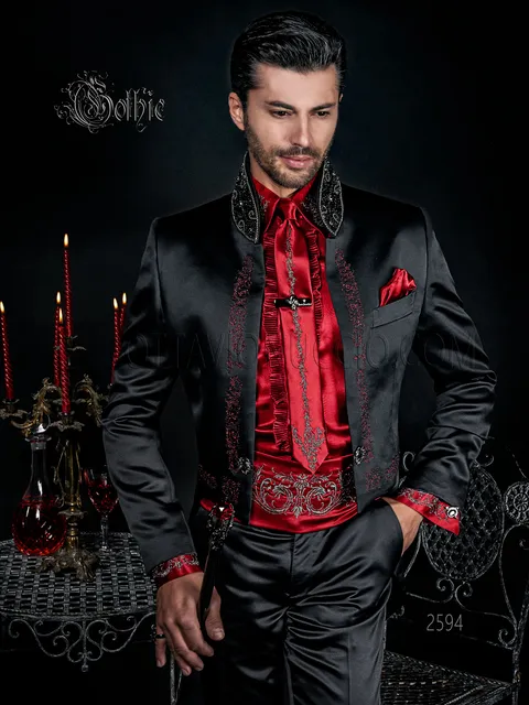 Men's tailcoat with mandarin collar in black satin with red gothic embroidery