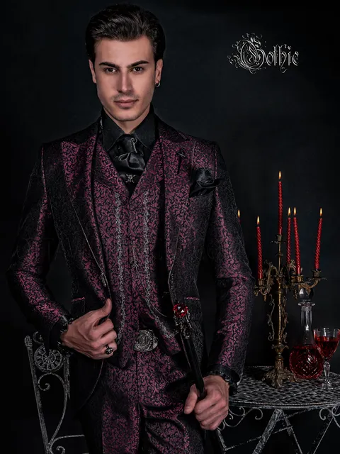 Purple brocade groom suit for gothic weddings