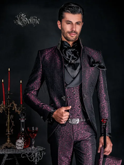 Purple brocade groom suit with mandarin collar with rhinestone trimming