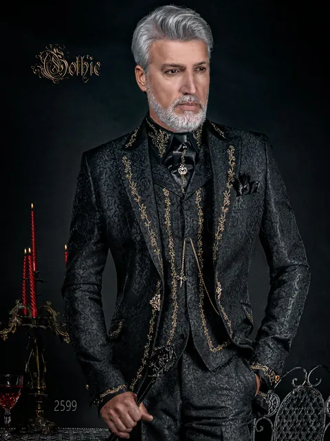 Groom suit for gothic ceremonies in black brocade with gold embroidery